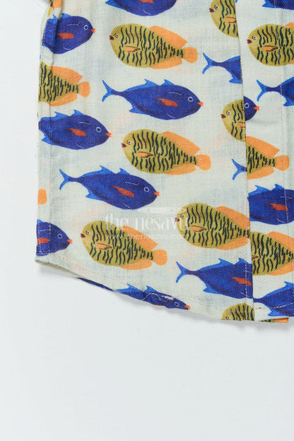 The Nesavu Boys Linen Shirt Boys Linen Shirt with Playful Fish Print for Summer Outings Nesavu Nesavu boys printed linen shirt with colorful fish pattern for summer and casual outings