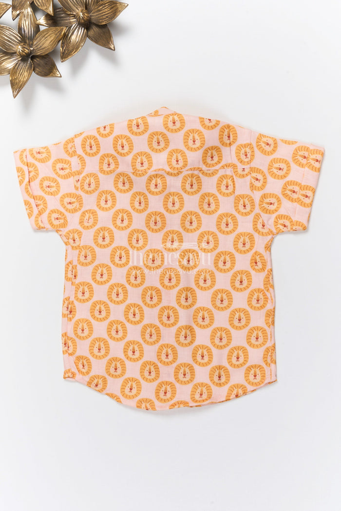 The Nesavu Boys Linen Shirt Boys Lion Face Linen Shirt for Animal Lovers and Everyday Comfort Nesavu Nesavu boys lion print linen shirt casual dressing animal lovers summer outings