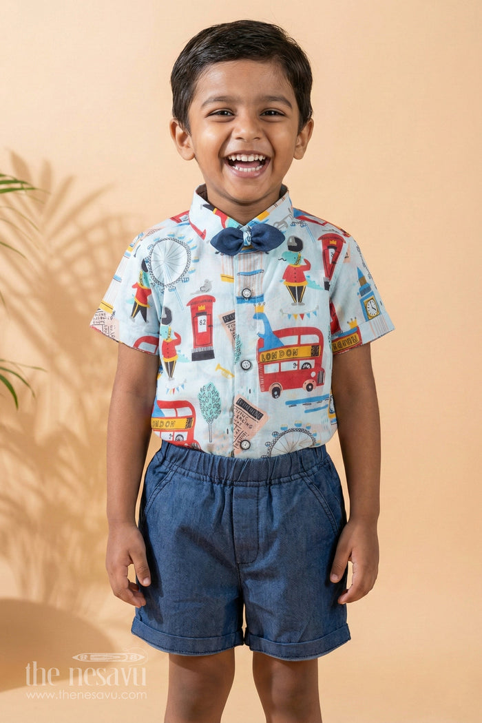 The Nesavu Boys Casual Set Boys London-Themed Summer Shorts and Shirt Setfestive & Casual Nesavu 10 (NB) / Blue / Muslin Silk BCS010A-10 Buy Boys London Print Shirt & Shorts Set | The Nesavu