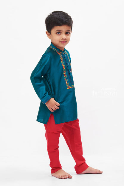 The Nesavu Boys Kurtha Set Boys Majestic Teal Kurta with Vibrant Pink Pants Set Nesavu Boys Teal and Pink Festive Kurta Set | Colorful Traditional Outfits for Kids | The Nesavu
