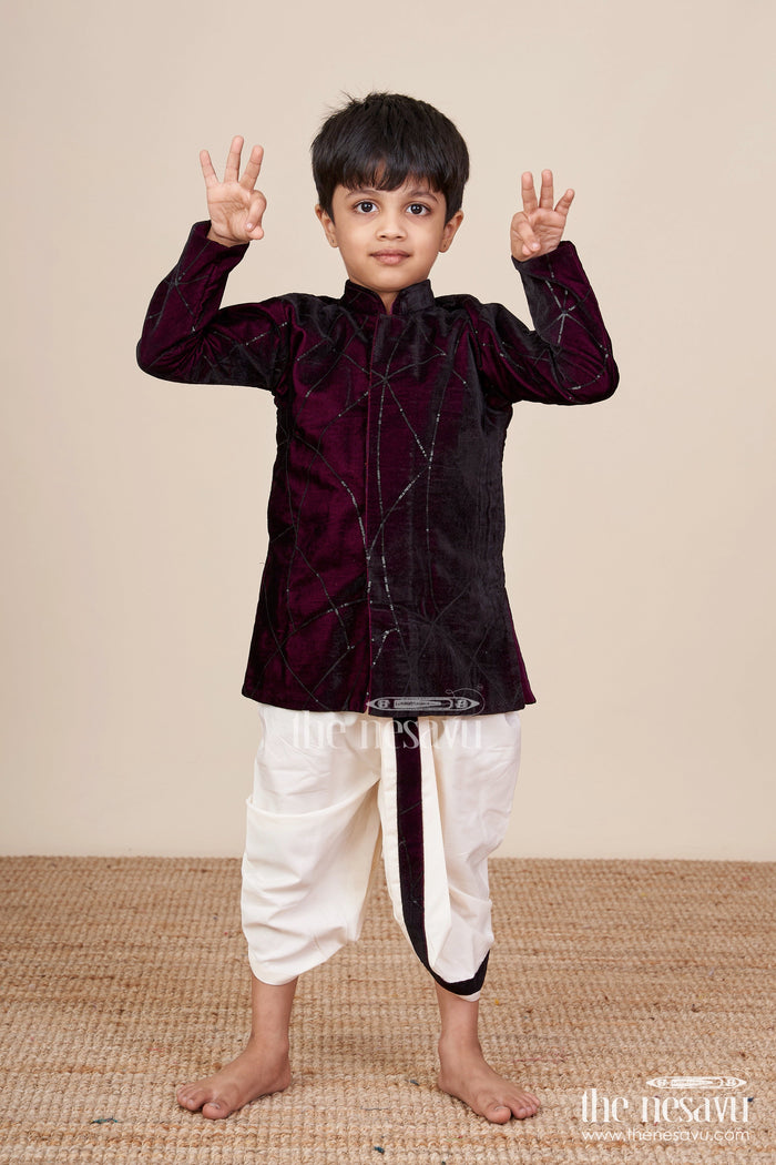 The Nesavu Boys Dothi Set Boys Maroon Velvet Dhoti Set for Weddings and Cultural Functions Nesavu Nesavu Boys Maroon Velvet Embroidered Dhoti Set Ethnic Wear Festive Functions Weddings