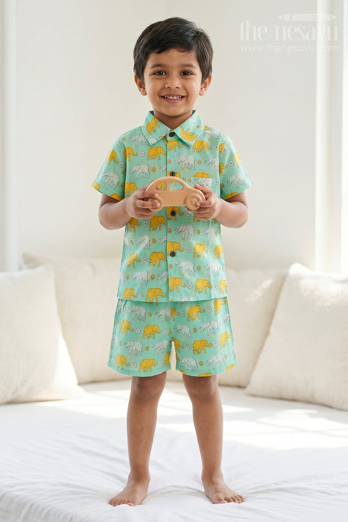 The Nesavu Boys Casual Set Boys Matching Co Ord Set for Summer Playtime and Outings Nesavu 16 (1Y) / Turquoise / Cotton BCS609A-16 Nesavu Boys Cotton Co Ord Set For Summer Playtime With Elephant Print Shirt And Shorts Casual Wear