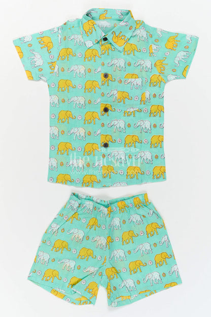 The Nesavu Boys Casual Set Boys Matching Co Ord Set for Summer Playtime and Outings Nesavu Nesavu Boys Cotton Co Ord Set For Summer Playtime With Elephant Print Shirt And Shorts Casual Wear