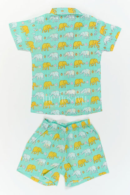 The Nesavu Boys Casual Set Boys Matching Co Ord Set for Summer Playtime and Outings Nesavu Nesavu Boys Cotton Co Ord Set For Summer Playtime With Elephant Print Shirt And Shorts Casual Wear