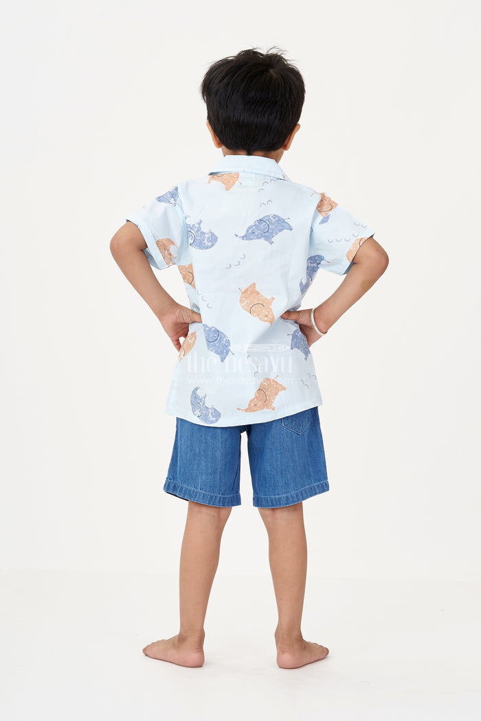 The Nesavu Boys Casual Set Boys Men’s Casual Two Piece Outfits in Light Blue Animal Printed Shirt with Denim Shorts Nesavu Nesavu Boys Mens Casual Two Piece Outfits Blue Animal Print Shirt Denim Cotton Shorts