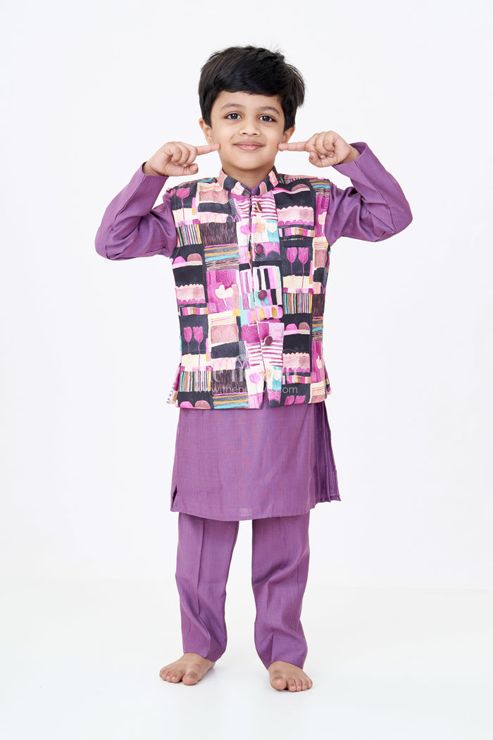 The Nesavu Boys Jacket Sets Boys Modi Jacket and Kurta Set in Purple Muslin Silk with Digital Printed Waistcoat Nesavu 16 (1Y) / Magenta BES631A-16 Boys Purple Muslin Silk Kurta Digital Printed Modi Jacket Festive Wear | The Nesavu