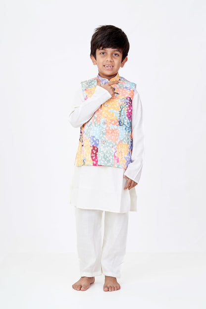 The Nesavu Boys Kurtha Set Boys Multicolor Best Kurta Sets with White Silk Blend and Printed Nehru Jacket for Festive Flair Nesavu 16 (1Y) / Multicolor BES673A-16 Nesavu Boys Silk Blend White Kurta Set Multicolor Printed Nehru Jacket Festive Dressing