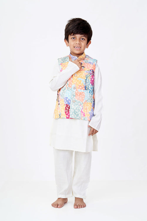 The Nesavu Boys Kurtha Set Boys Multicolor Best Kurta Sets with White Silk Blend and Printed Nehru Jacket for Festive Flair Nesavu 16 (1Y) / Multicolor BES673A-16 Nesavu Boys Silk Blend White Kurta Set Multicolor Printed Nehru Jacket Festive Dressing