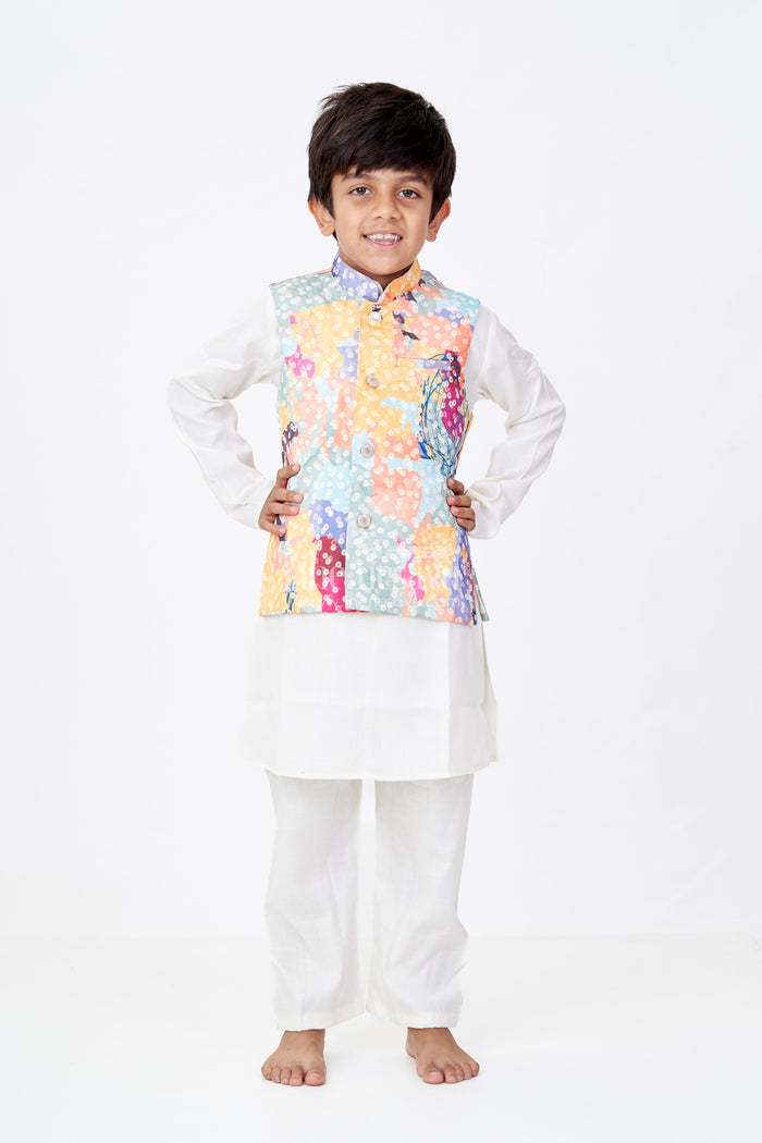 The Nesavu Boys Kurtha Set Boys Multicolor Best Kurta Sets with White Silk Blend and Printed Nehru Jacket for Festive Flair Nesavu Nesavu Boys Silk Blend White Kurta Set Multicolor Printed Nehru Jacket Festive Dressing