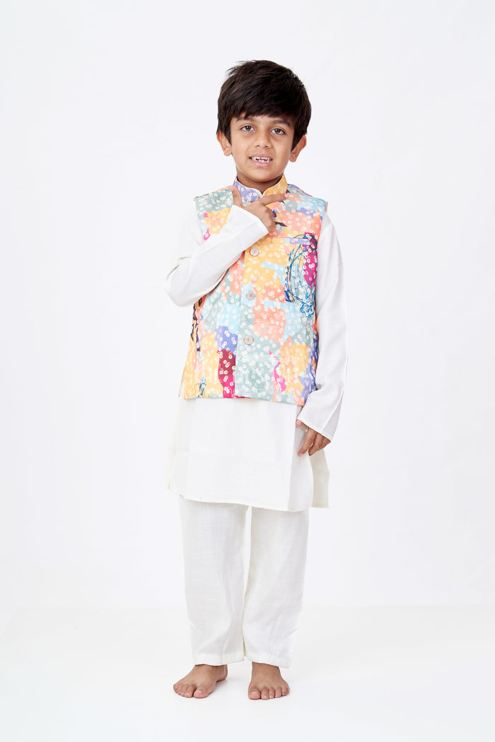 The Nesavu Boys Kurtha Set Boys Multicolor Best Kurta Sets with White Silk Blend and Printed Nehru Jacket for Festive Flair Nesavu 18 (2Y) / Multicolor BES673A-18 Boys Silk Blend White Kurta Set Multicolor Printed Nehru Jacket Festive Dressing | The Nesavu