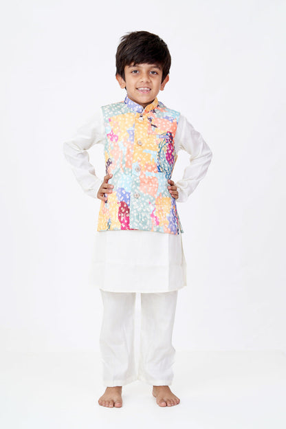 The Nesavu Boys Kurtha Set Boys Multicolor Best Kurta Sets with White Silk Blend and Printed Nehru Jacket for Festive Flair Nesavu Boys Silk Blend White Kurta Set Multicolor Printed Nehru Jacket Festive Dressing | The Nesavu