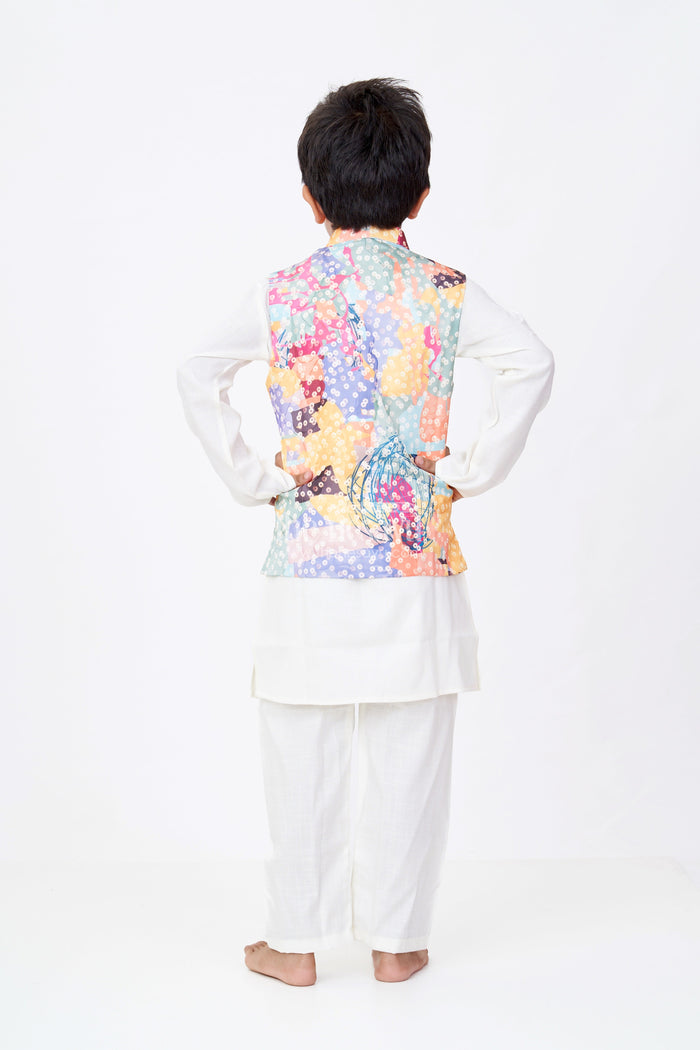 The Nesavu Boys Kurtha Set Boys Multicolor Best Kurta Sets with White Silk Blend and Printed Nehru Jacket for Festive Flair Nesavu Boys Silk Blend White Kurta Set Multicolor Printed Nehru Jacket Festive Dressing | The Nesavu
