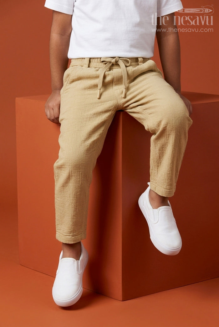 The Nesavu Boys Pant Boys Muslin Cotton Pants for Everyday Movement and Comfort Nesavu 16 (1Y) / Beige / Muslin Cotton BWP032F-16 Nesavu boys muslin cotton pants for everyday comfort breathable kids drawstring casual pants