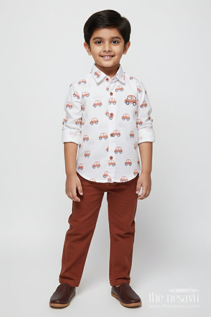 The Nesavu Boys Casual Set Boys Muslin Cotton Set with Vibrant Vehicle Print Shirt and Solid Pants Nesavu 14 (6M) / Peach BCS491B-14 Nesavu boys muslin cotton set printed shirt contrasting pants