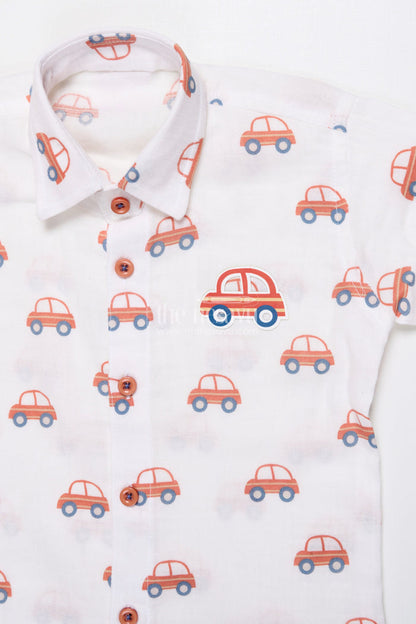 The Nesavu Boys Casual Set Boys Muslin Cotton Set with Vibrant Vehicle Print Shirt and Solid Pants Nesavu Nesavu boys muslin cotton set printed shirt contrasting pants