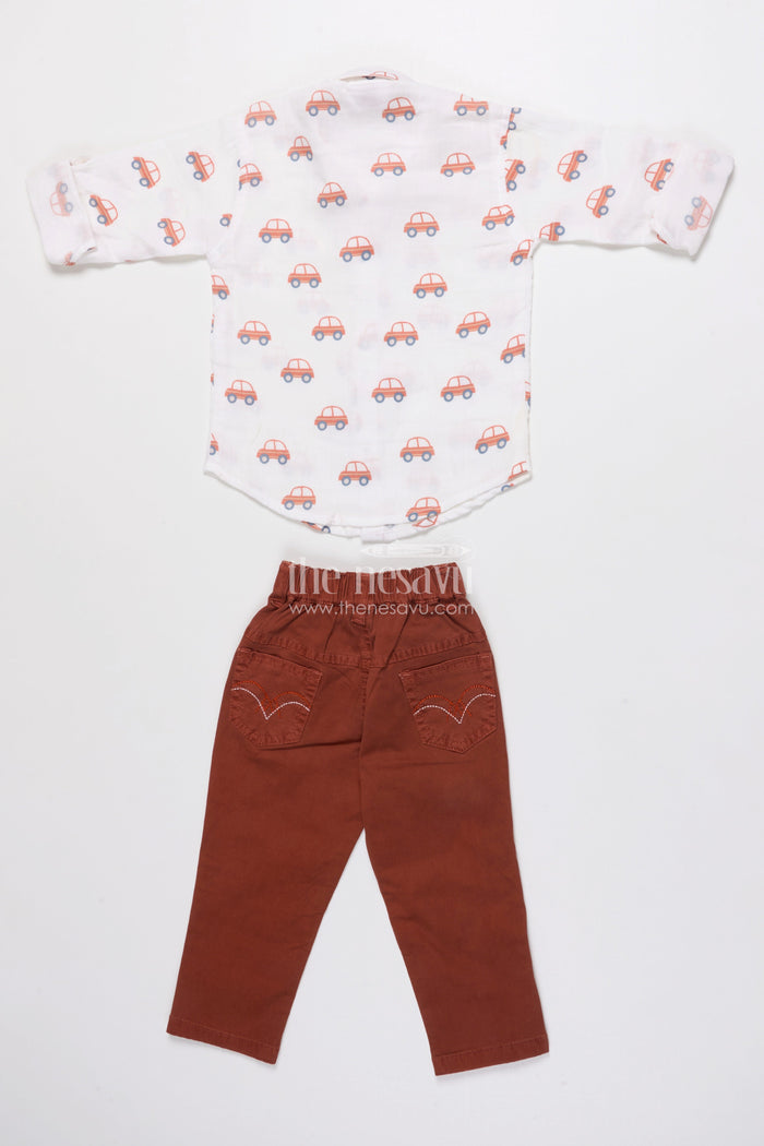 The Nesavu Boys Casual Set Boys Muslin Cotton Set with Vibrant Vehicle Print Shirt and Solid Pants Nesavu Nesavu boys muslin cotton set printed shirt contrasting pants