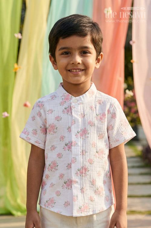 The Nesavu Boys Cotton Shirt Boys Muslin Cotton Shirt for Summer Outings and Soft Comfort Nesavu 14 (6M) / White / Muslin Cotton BS471A-14 Nesavu Boys Muslin Cotton Printed Shirt For Summer Outings And Everyday Comfort With Soft Breathable Fabric