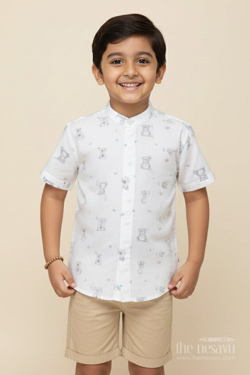 The Nesavu Boys Cotton Shirt Boys Muslin Cotton Shirt with Animal Print for Playdates and Summer Comfort Nesavu 16 (1Y) / Half white BS346A-16 Nesavu boys muslin cotton shirt animal print summer play casual wear