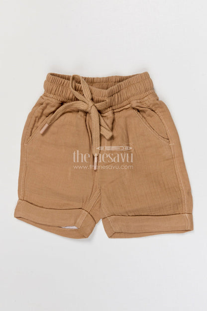 The Nesavu Boys Shorts Boys Muslin Cotton Shorts for Relaxed Daily Wear and Travel Nesavu 14 (6M) / Beige / Muslin Cotton BWS093G-14 Nesavu boys muslin cotton shorts for relaxed daily wear breathable kids drawstring shorts