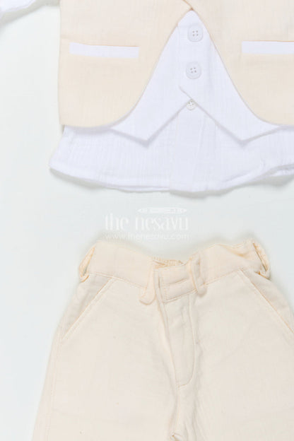 The Nesavu Boys Casual Set Boys Muslin Cotton Waistcoat Set for Weddings and Birthdays Nesavu Nesavu boys waistcoat set in muslin cotton with bow tie for festive weddings and birthdays