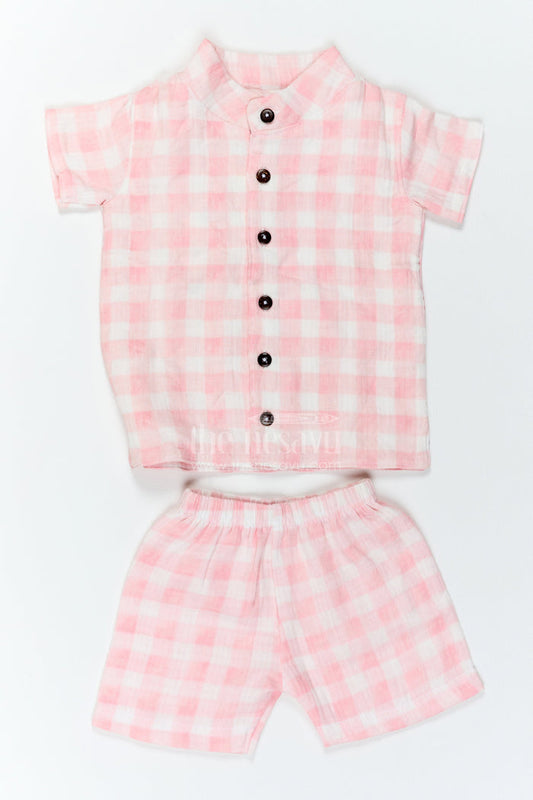 The Nesavu Boys Casual Set Boys Muslin Shirt and Shorts Set for Summer Outings and Playdates Nesavu 10 (NB) / Pink / Muslin BCS617A-10 Nesavu Boys Muslin Shirt And Shorts Set For Summer Outings Playdates Holidays And Casual Weekends