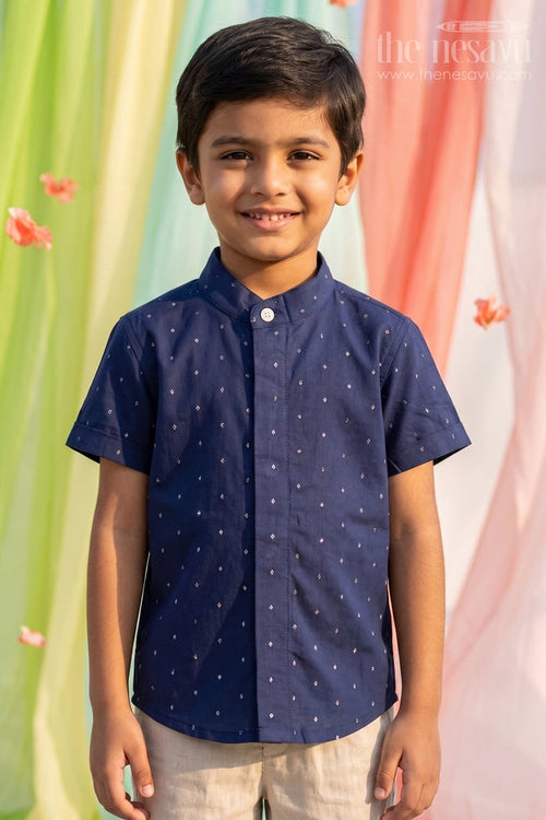 The Nesavu Boys Cotton Shirt Boys Navy Shimmer Butti Shirt with Minimal Motifs for Dressy Evenings Nesavu 14 (6M) / Blue BS313A-14 Nesavu Boys Navy Shimmer Butti Shirt Festive Cotton Shirt Subtle Embroidery