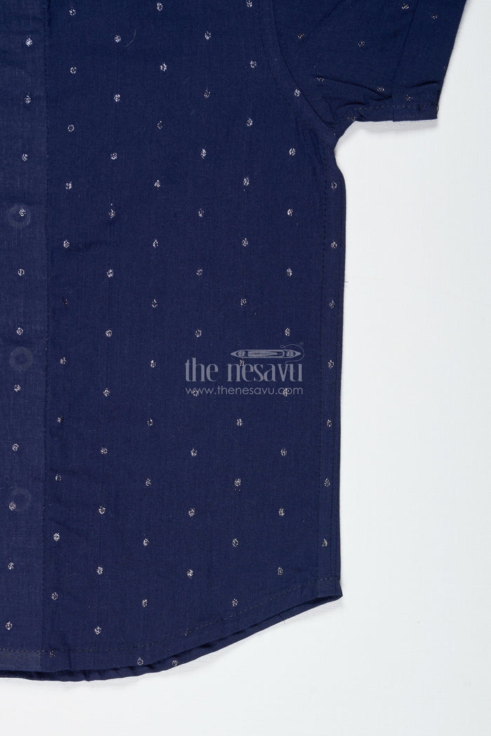 The Nesavu Boys Cotton Shirt Boys Navy Shimmer Butti Shirt with Minimal Motifs for Dressy Evenings Nesavu Nesavu Boys Navy Shimmer Butti Shirt Festive Cotton Shirt Subtle Embroidery