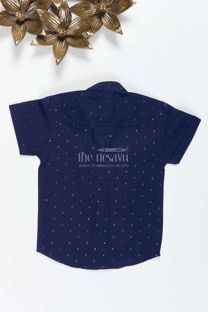 The Nesavu Boys Cotton Shirt Boys Navy Shimmer Butti Shirt with Minimal Motifs for Dressy Evenings Nesavu Nesavu Boys Navy Shimmer Butti Shirt Festive Cotton Shirt Subtle Embroidery