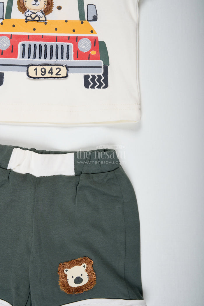 The Nesavu Boys Casual Set Boys Newborn Green Cotton Dress Set with Robot Print Tee and Dark Shorts for Comfortable Daily Wear Nesavu Nesavu Boys Newborn Green Cotton Dress Set Robot Printed Tee Dark Shorts Casual Wear