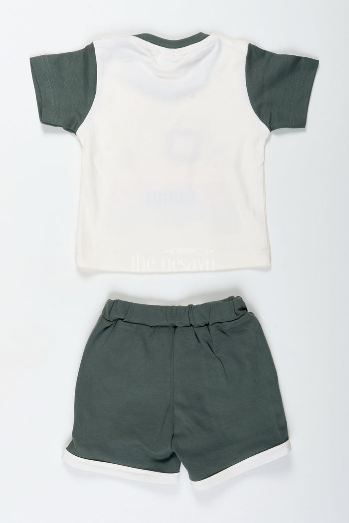 The Nesavu Boys Casual Set Boys Newborn Green Cotton Dress Set with Robot Print Tee and Dark Shorts for Comfortable Daily Wear Nesavu Nesavu Boys Newborn Green Cotton Dress Set Robot Printed Tee Dark Shorts Casual Wear