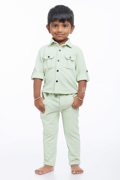 The Nesavu Boys Casual Set Boys Olive Green Shirt and Pant Casual Set - Fresh Style Nesavu 14 (6M) / Green / Knitted Lycra BES528B-14 Olive Green Boys Casual Set | Chic and Comfortable for Everyday Wear | The Nesavu
