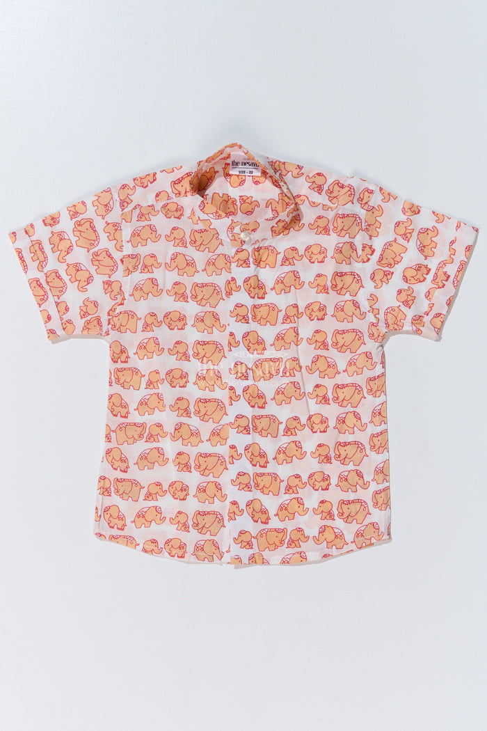The Nesavu Boys Cotton Shirt Boys Orange Half Shirt in Cotton Block Print with Playful Elephant Motif Nesavu 16 (1Y) / Peach BS247C-16 Nesavu Boys Orange Half Shirt Cotton Block Print Playful Elephant Print