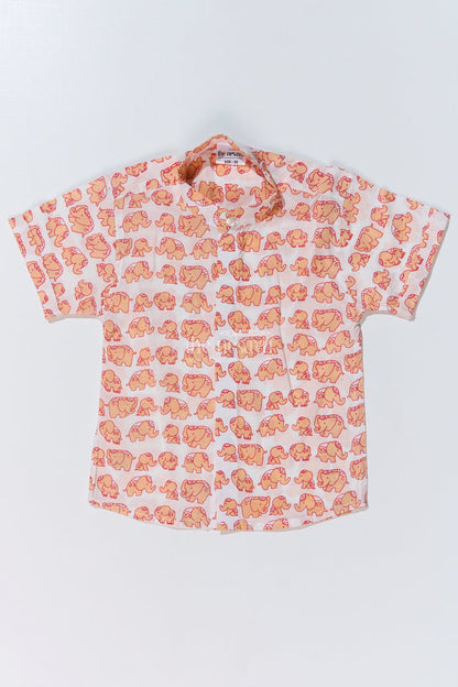 The Nesavu Boys Cotton Shirt Boys Orange Half Shirt in Cotton Block Print with Playful Elephant Motif Nesavu 16 (1Y) / Peach BS247C-16 Nesavu Boys Orange Half Shirt Cotton Block Print Playful Elephant Print