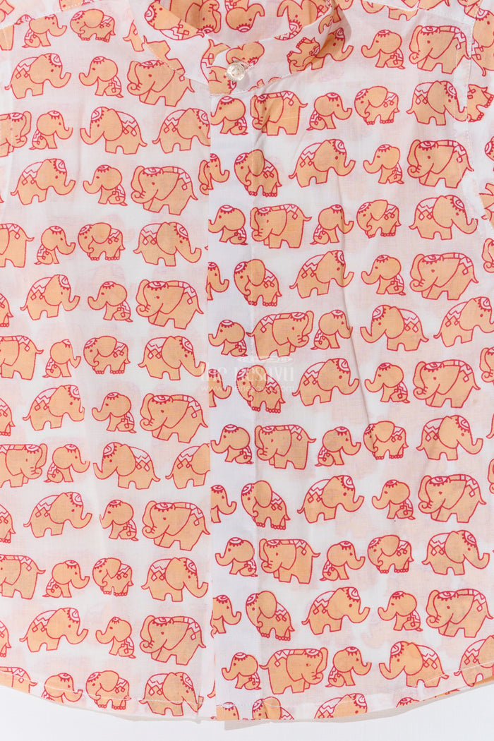 The Nesavu Boys Cotton Shirt Boys Orange Half Shirt in Cotton Block Print with Playful Elephant Motif Nesavu Nesavu Boys Orange Half Shirt Cotton Block Print Playful Elephant Print