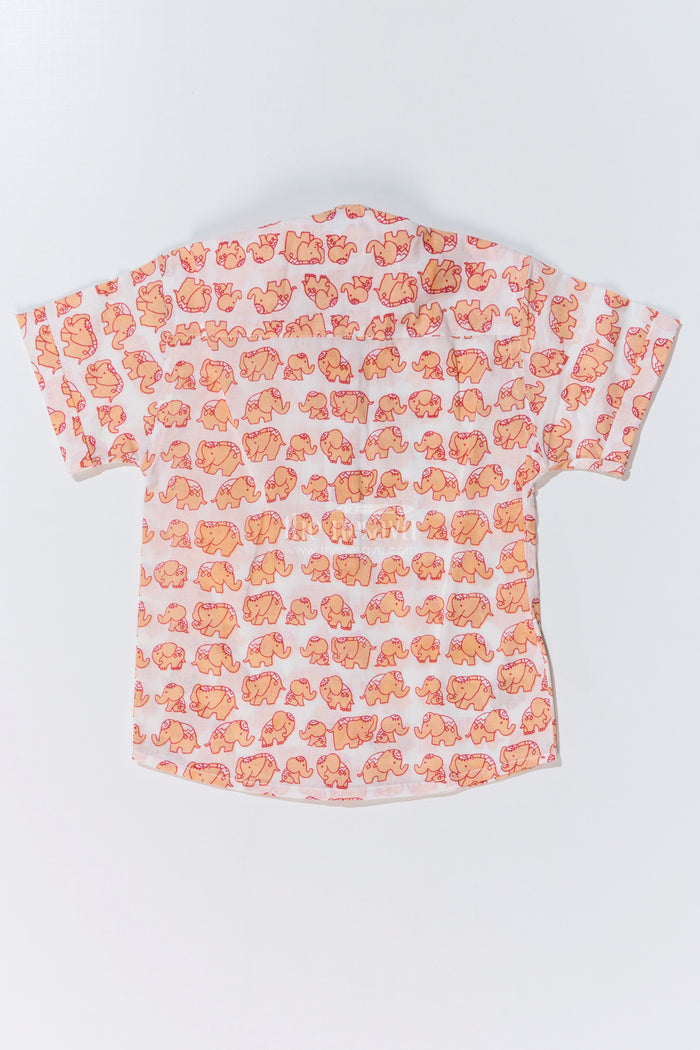 The Nesavu Boys Cotton Shirt Boys Orange Half Shirt in Cotton Block Print with Playful Elephant Motif Nesavu Boys Orange Half Shirt Cotton Block Print Playful Elephant Print | The Nesavu