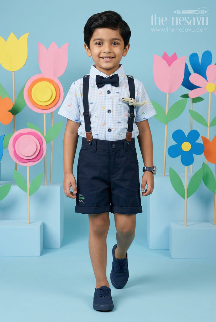 The Nesavu Boys Casual Set Boys Party Outfit with Suspenders for Birthdays and Photoshoots Nesavu 16 (1Y) / Blue / Cotton BCS593A-16 Nesavu Boys Party Outfit With Suspenders And Bow Tie For Birthdays And Photoshoots In Soft Cotton Comfort