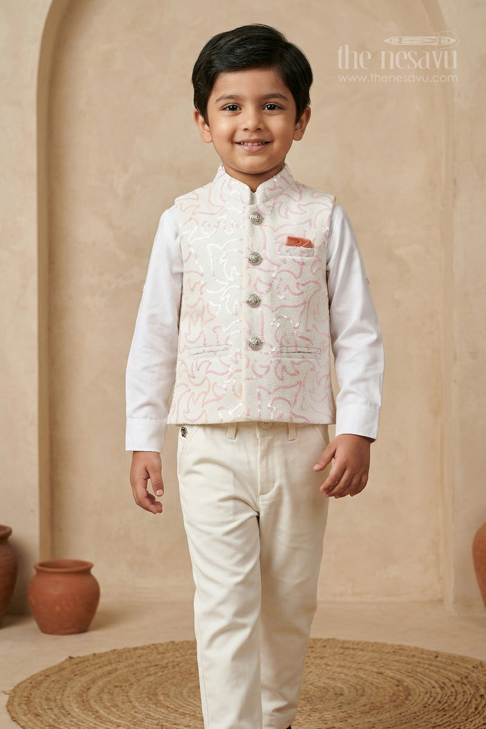 The Nesavu Boys Jacket Sets Boys Party Wear Jacket Set for Weddings and Special Occasions Nesavu 16 (1Y) / Half white / Viscose BES973A-16 Nesavu boys party wear jacket set for weddings and special occasions with sequin embroidery and formal style