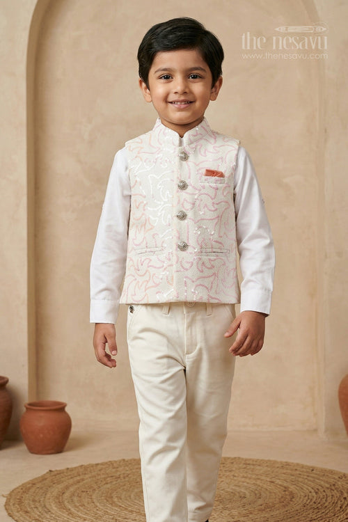 The Nesavu Boys Jacket Sets Boys Party Wear Jacket Set for Weddings and Special Occasions Nesavu 16 (1Y) / Half white / Viscose BES973A-16 Nesavu boys party wear jacket set for weddings and special occasions with sequin embroidery and formal style