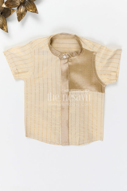 The Nesavu Boys Silk Shirt Boys Silk Shirt for Festive Gatherings and Cultural Events Nesavu 14 (6M) / Cream / Silk Blend BS415B-14 Nesavu boys cream tissue silk ethnic shirt with woven detail