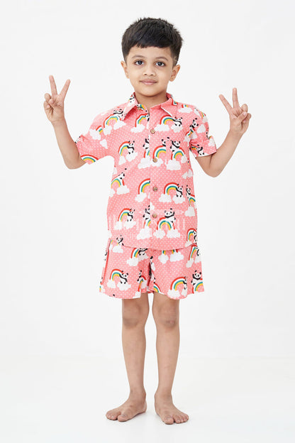 The Nesavu Boys Casual Set Boys Pink Casual Shirt Set with Panda and Rainbow Digital Print in Soft Cotton Nesavu 16 (1Y) / Pink BCS267A-16 Nesavu Boys Pink Casual Shirt Cotton Set Panda Rainbow Print Matching Shorts
