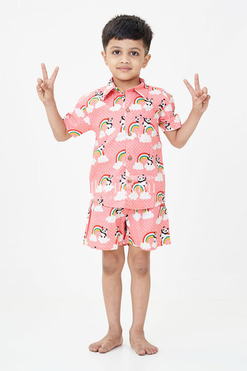 The Nesavu Boys Casual Set Boys Pink Casual Shirt Set with Panda and Rainbow Digital Print in Soft Cotton Nesavu 16 (1Y) / Pink BCS267A-16 Nesavu Boys Pink Casual Shirt Cotton Set Panda Rainbow Print Matching Shorts