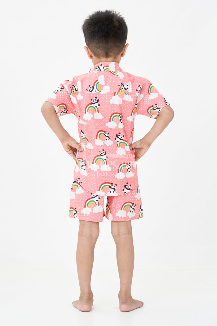 The Nesavu Boys Casual Set Boys Pink Casual Shirt Set with Panda and Rainbow Digital Print in Soft Cotton Nesavu Nesavu Boys Pink Casual Shirt Cotton Set Panda Rainbow Print Matching Shorts