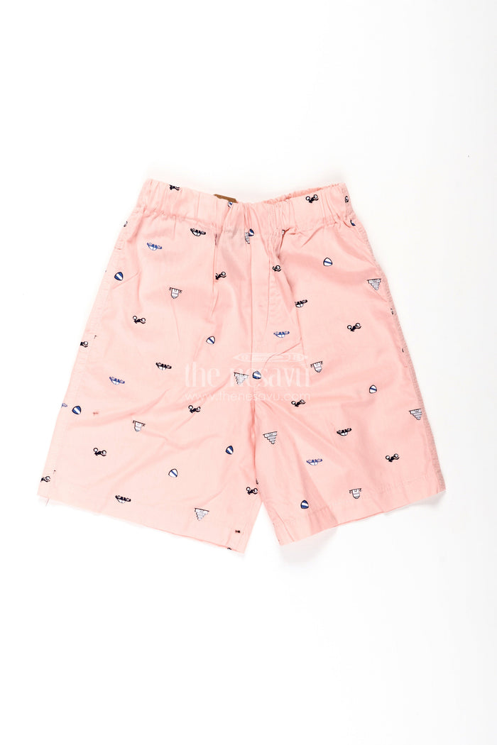 The Nesavu Boys Shorts Boys Pink Cotton Summer Shorts Shorts with Sunglasses and Beach Icons All Over Digital Print Nesavu 18 (2Y) / Pink BWS047A-18 Nesavu Boys Pink Cotton Summer Shorts Beach-Themed Digital Print Comfortable Elastic Fit