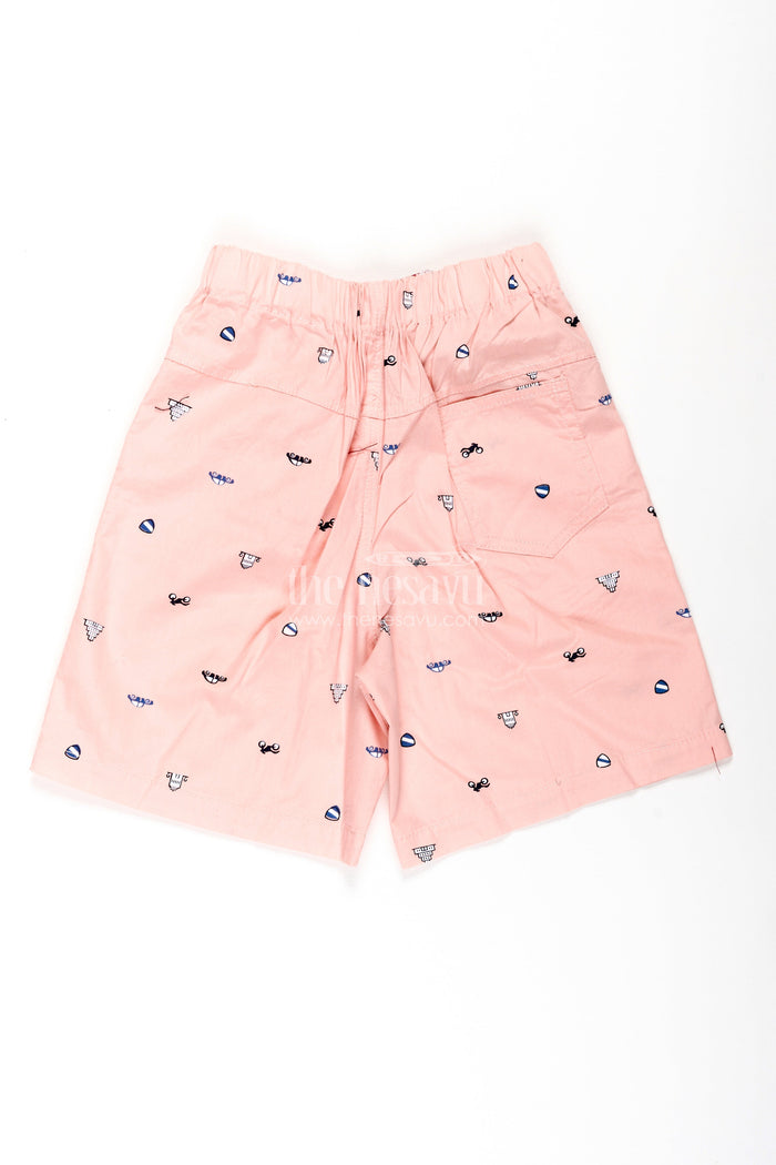 The Nesavu Boys Shorts Boys Pink Cotton Summer Shorts Shorts with Sunglasses and Beach Icons All Over Digital Print Nesavu Nesavu Boys Pink Cotton Summer Shorts Beach-Themed Digital Print Comfortable Elastic Fit