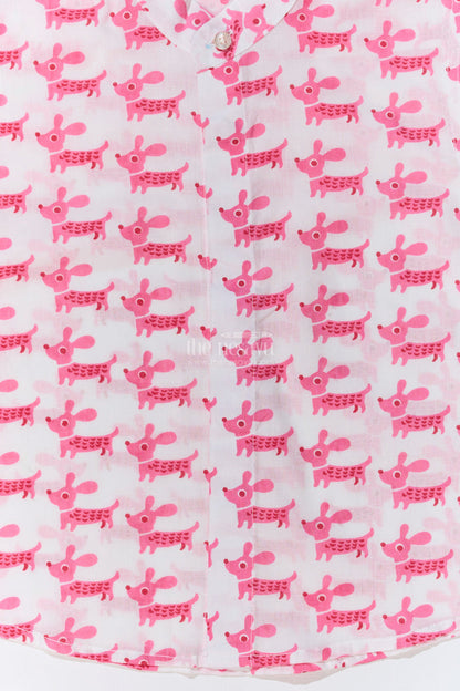The Nesavu Boys Cotton Shirt Boys Pink Half Shirt in Cotton Block Print with Adorable Dog Design Nesavu Nesavu Boys Pink Half Shirt Cotton Block Print Cute Dog Pattern