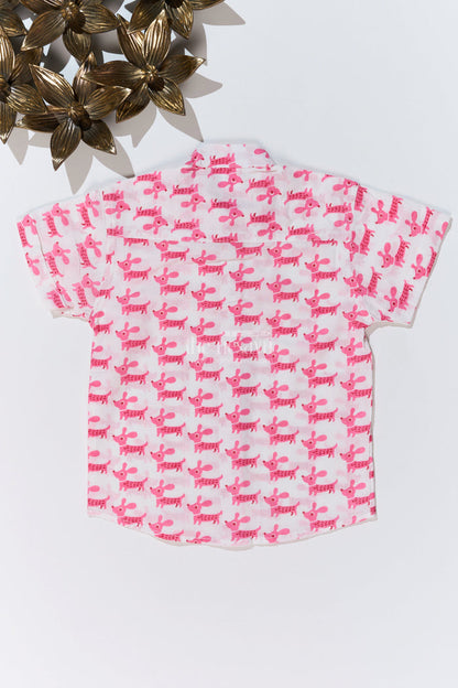 The Nesavu Boys Cotton Shirt Boys Pink Half Shirt in Cotton Block Print with Adorable Dog Design Nesavu Nesavu Boys Pink Half Shirt Cotton Block Print Cute Dog Pattern