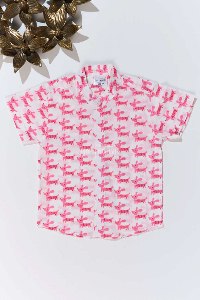The Nesavu Boys Cotton Shirt Boys Pink Half Shirt in Cotton Block Print with Adorable Dog Design Nesavu 16 (1Y) / Pink BS245D-16 Boys Pink Half Shirt Cotton Block Print Cute Dog Pattern | The Nesavu