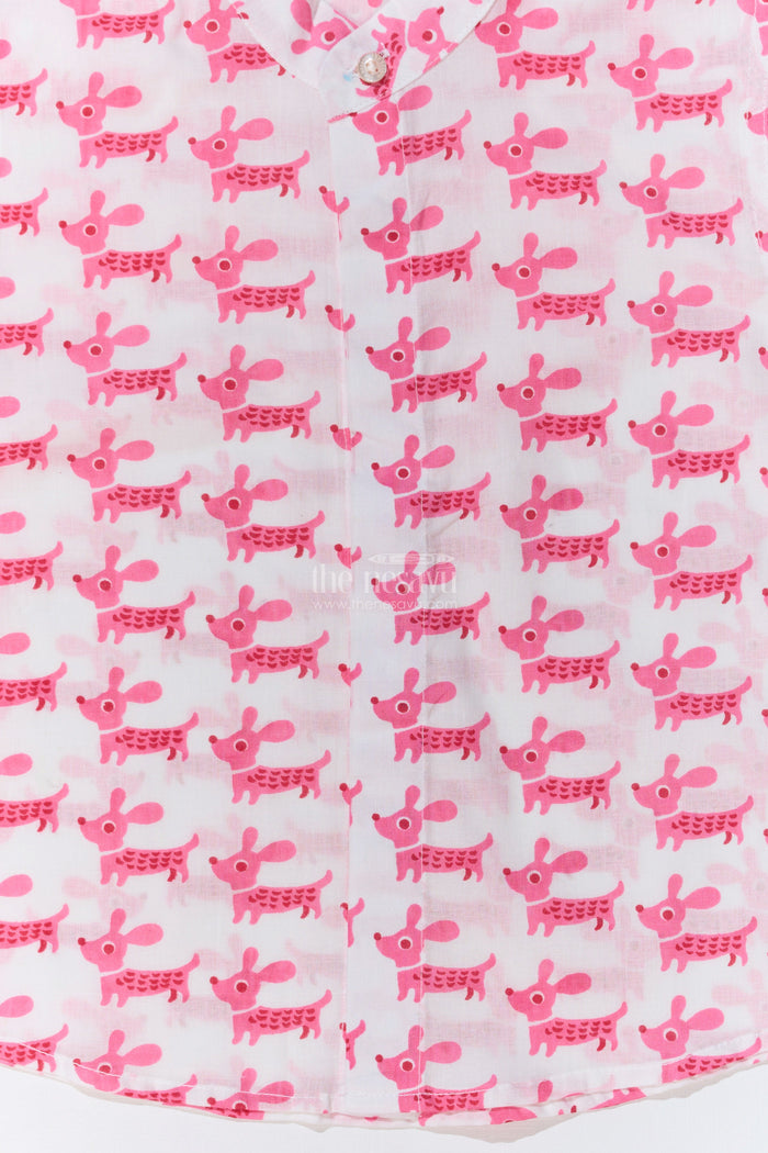 The Nesavu Boys Cotton Shirt Boys Pink Half Shirt in Cotton Block Print with Adorable Dog Design Nesavu Boys Pink Half Shirt Cotton Block Print Cute Dog Pattern | The Nesavu