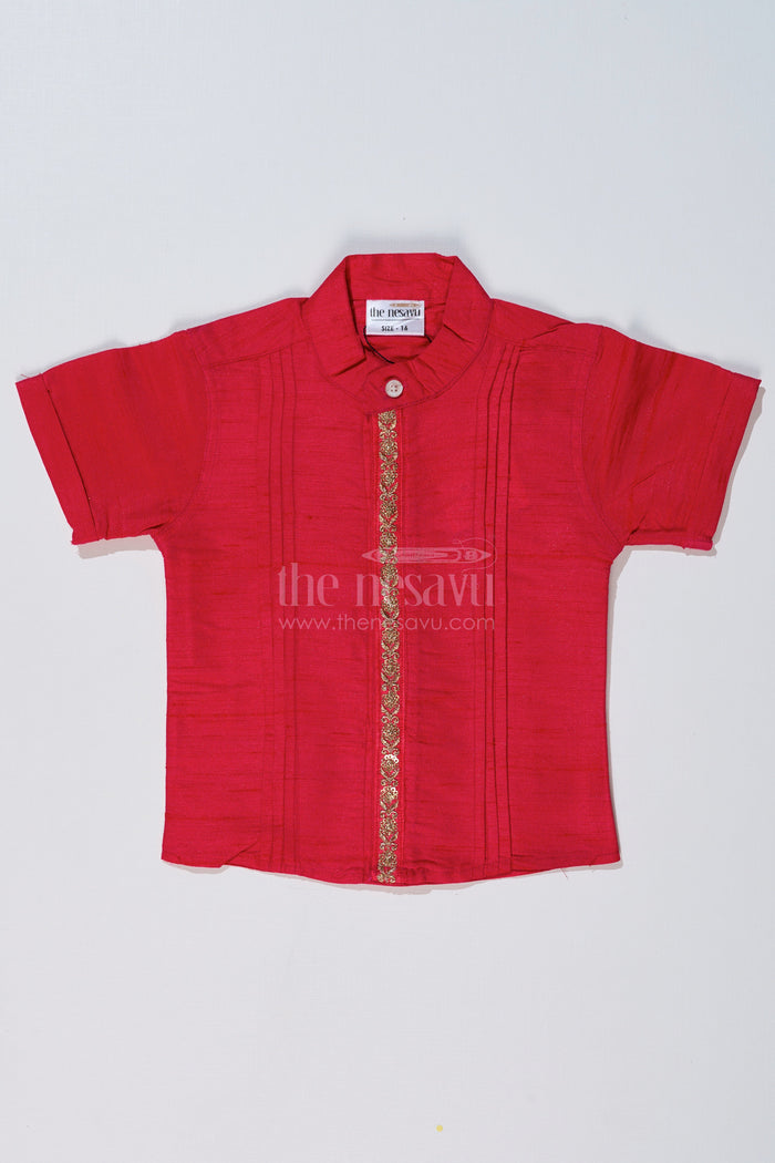 The Nesavu Boys Silk Shirt Boys Pink Shirt Silk with Embroidered Front Panel and Short Sleeves for Traditional Wear Nesavu 16 (1Y) / Pink BS230A-16 Nesavu Boys Pink Silk Shirt Embroidered Front Panel Short Sleeves Festive Wear