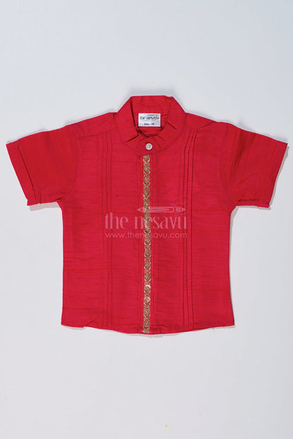The Nesavu Boys Silk Shirt Boys Pink Shirt Silk with Embroidered Front Panel and Short Sleeves for Traditional Wear Nesavu 16 (1Y) / Pink BS230A-16 Nesavu Boys Pink Silk Shirt Embroidered Front Panel Short Sleeves Festive Wear